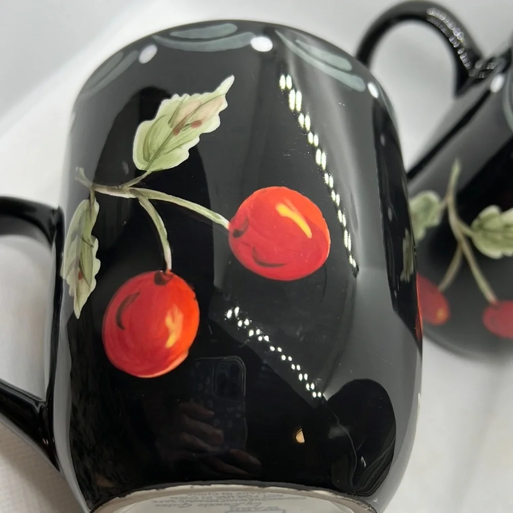 Laurie Gates Black Cherry Blossom Coffee Mugs Cups (set of 2)